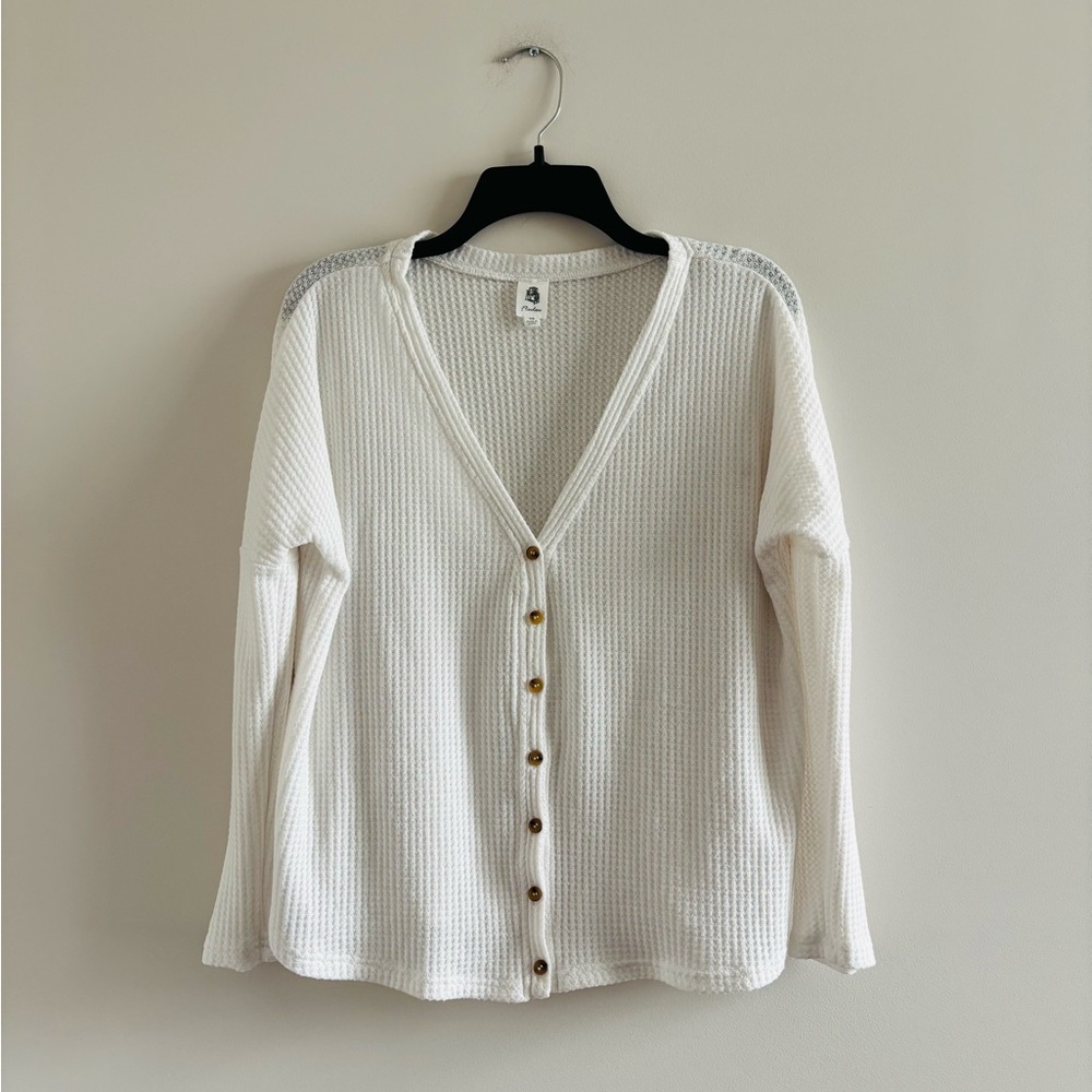 Women’s Cardigan Sweater White Cloud Dancer Waffle Knit Oversized Size XS Boho